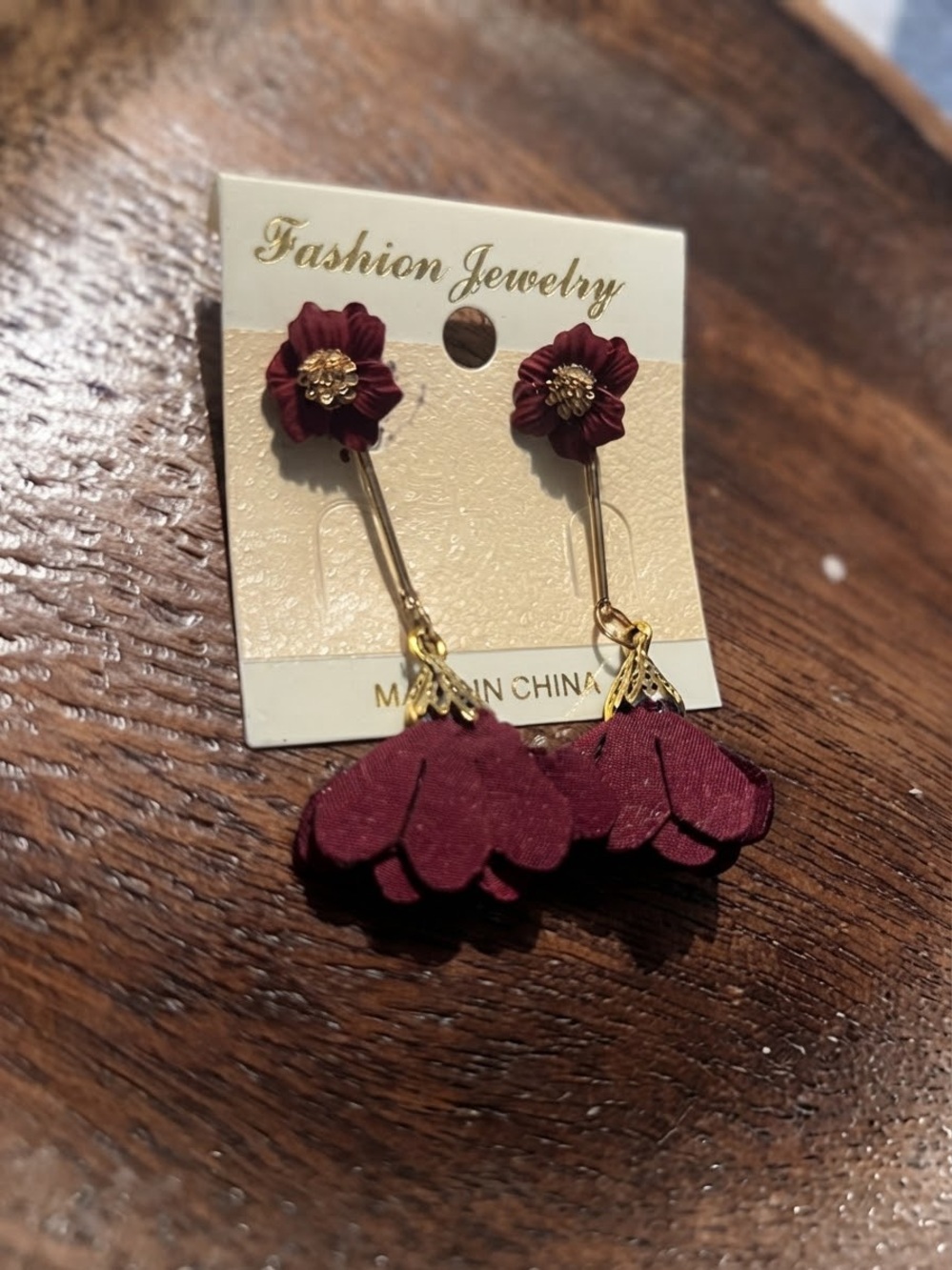 Fashion Jewelry Burgundy Blossom Drop Earrings with Gold Accents
